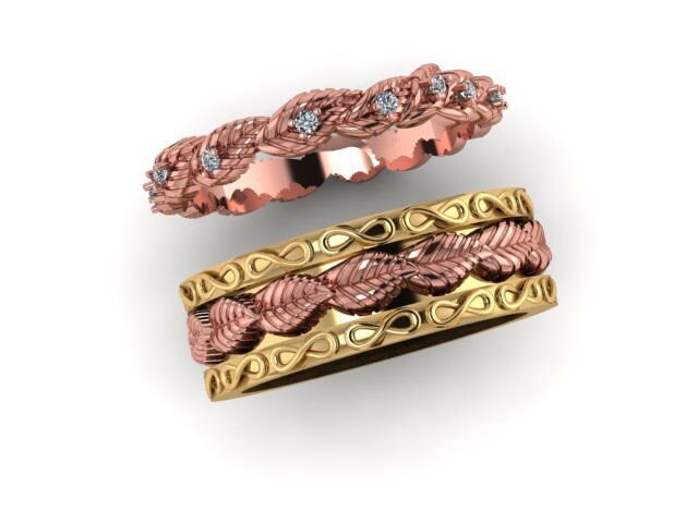 Handmade 14K White Gold Diamond Elven Leaf Eternity Ring