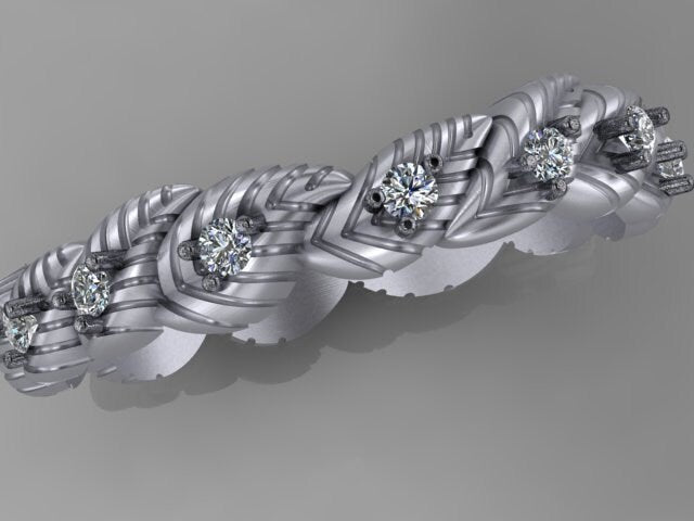 Handmade 14K White Gold Diamond Elven Leaf Eternity Ring