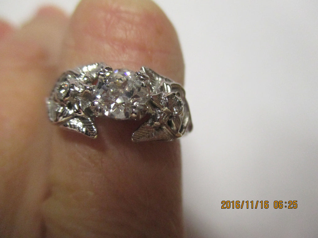 Elvish 14K White Gold Ring: Blue Topaz, Diamond, Leaves & Vines