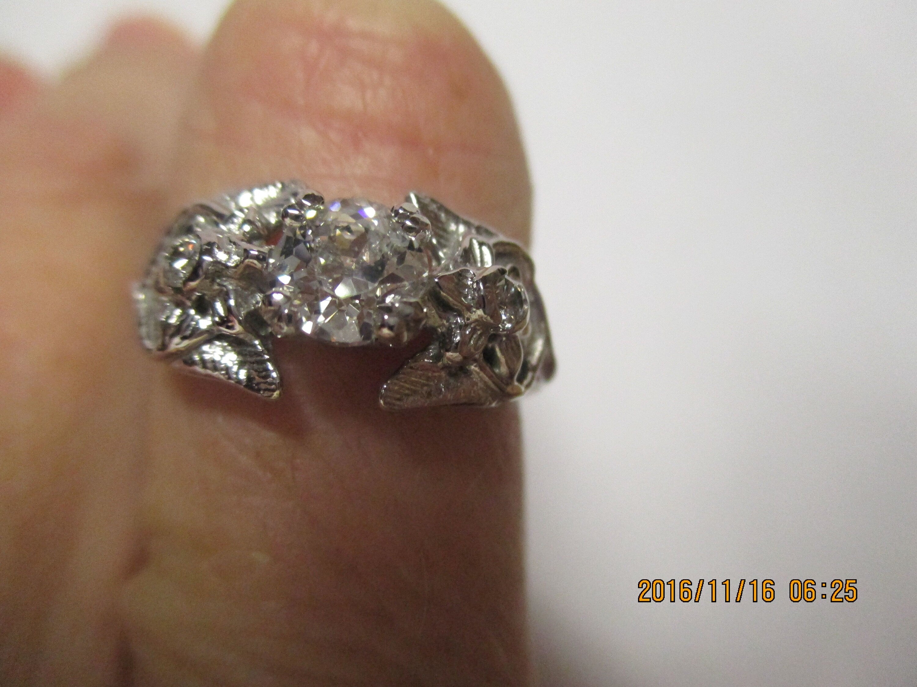 Elvish 14K White Gold Ring: Blue Topaz, Diamond, Leaves & Vines