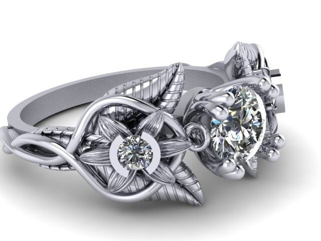 Elvish 14K White Gold Ring: Blue Topaz, Diamond, Leaves & Vines