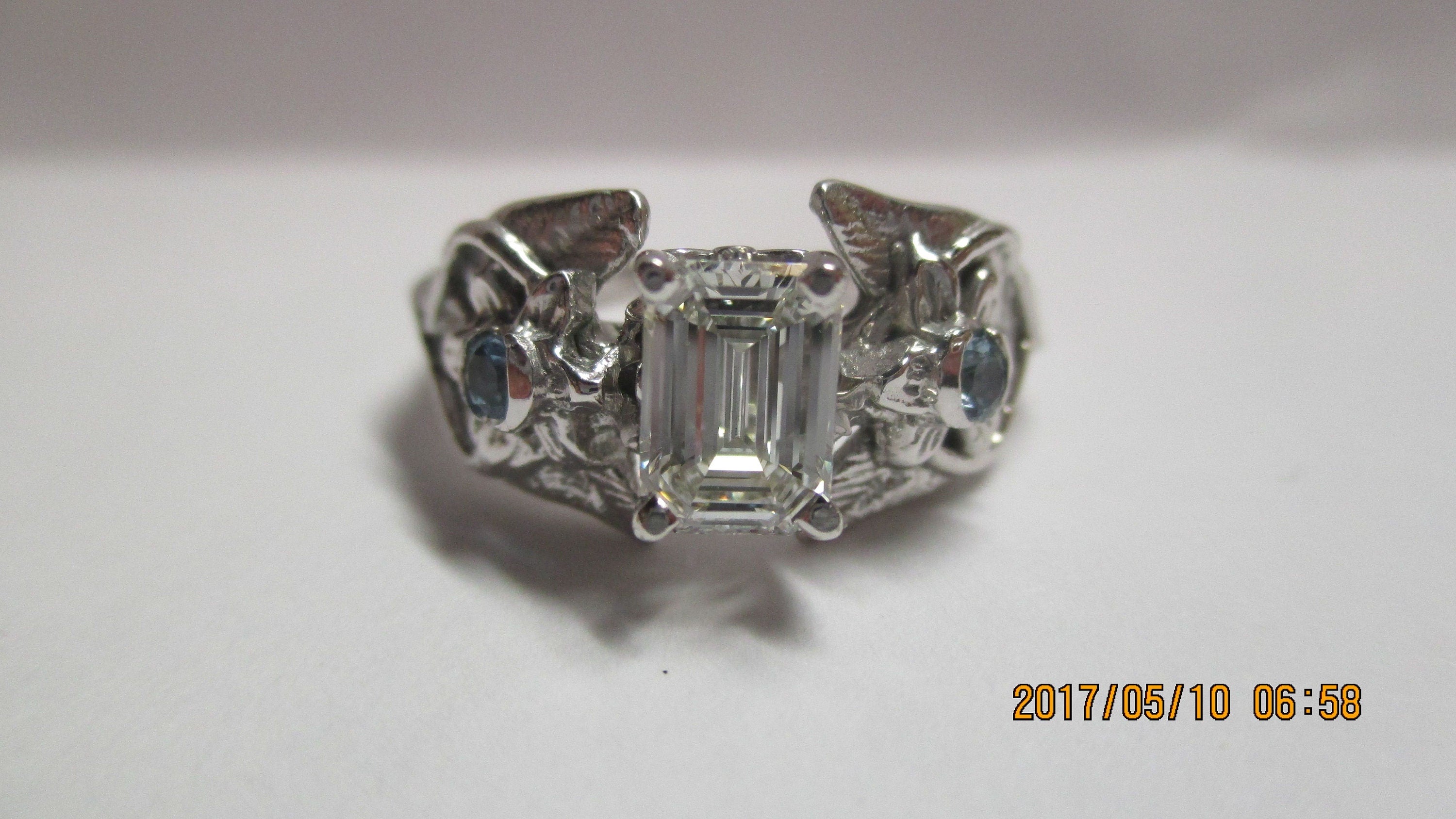 Elvish 14K White Gold Ring: Blue Topaz, Diamond, Leaves & Vines