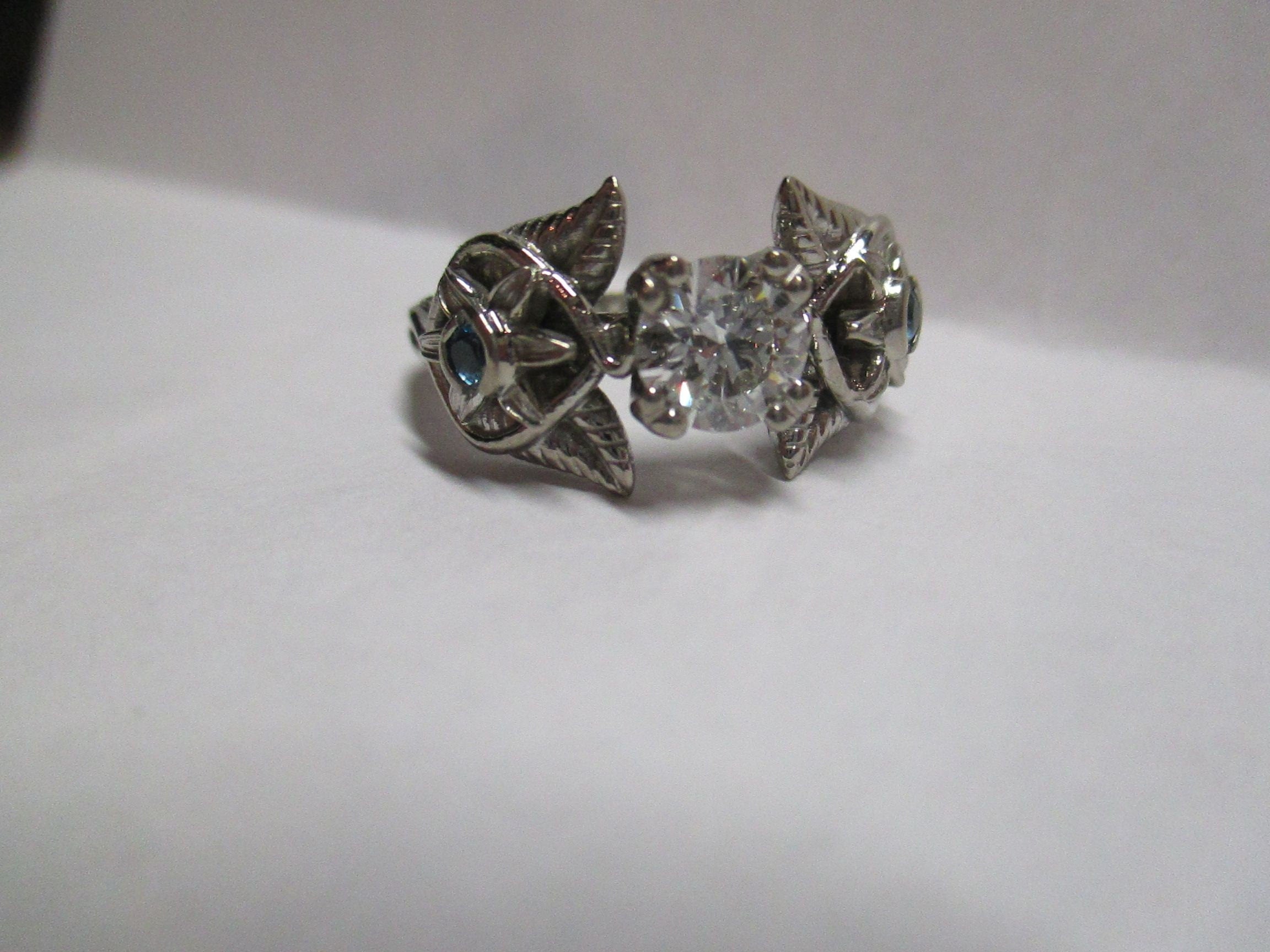 Elvish 14K White Gold Ring: Blue Topaz, Diamond, Leaves & Vines
