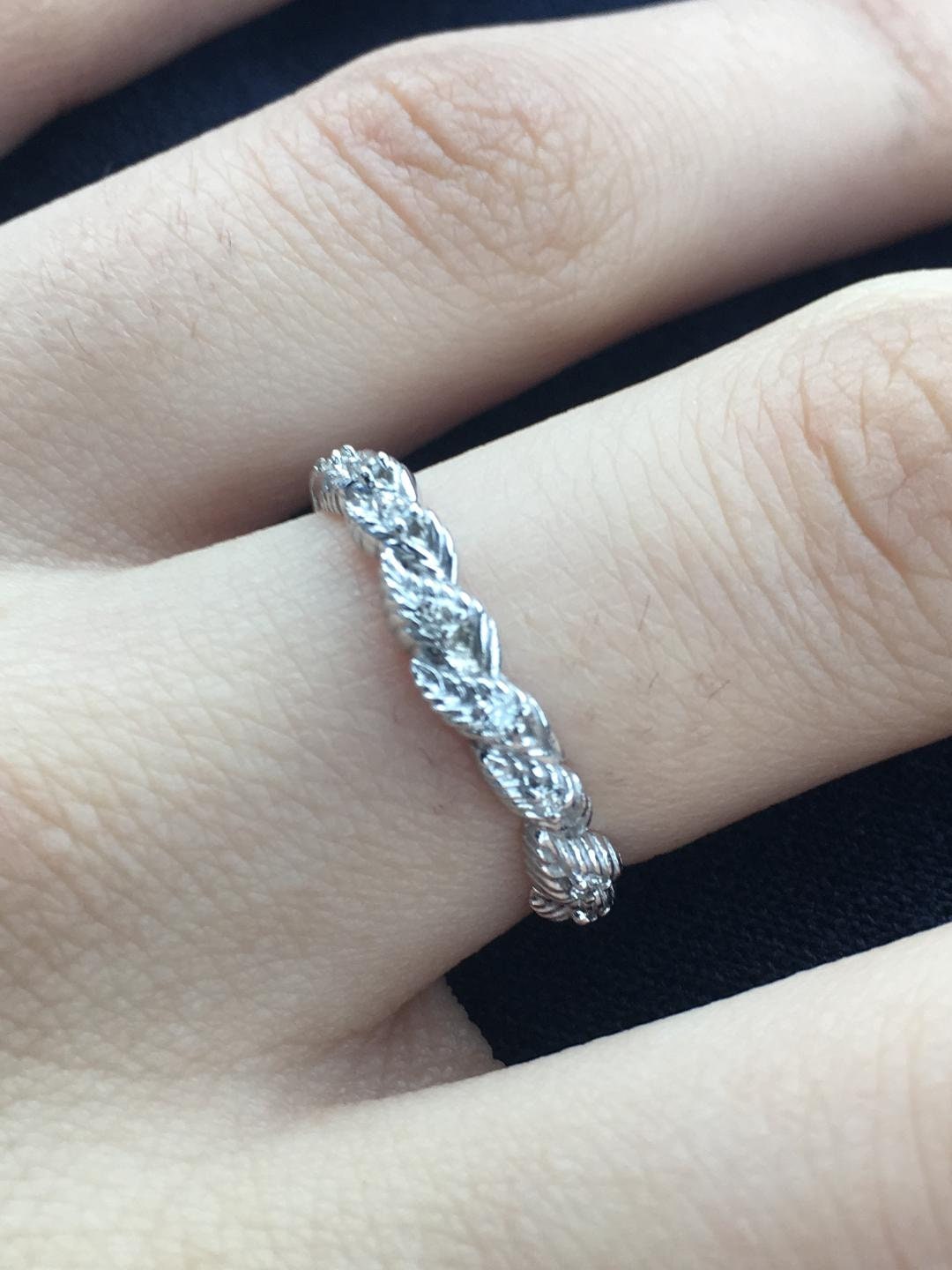 Handmade 14K White Gold Diamond Elven Leaf Eternity Ring
