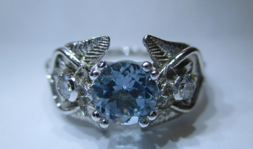 Elvish 14K White Gold Ring: Blue Topaz, Diamond, Leaves & Vines