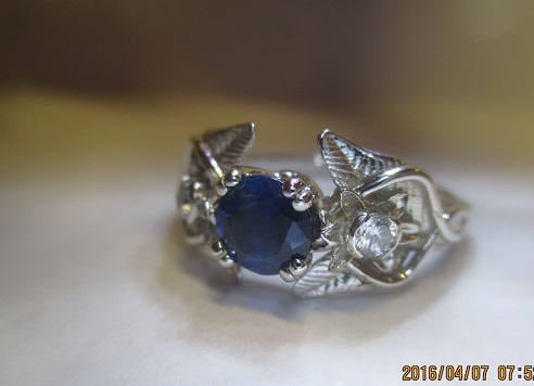 Elvish 14K White Gold Ring: Blue Topaz, Diamond, Leaves & Vines