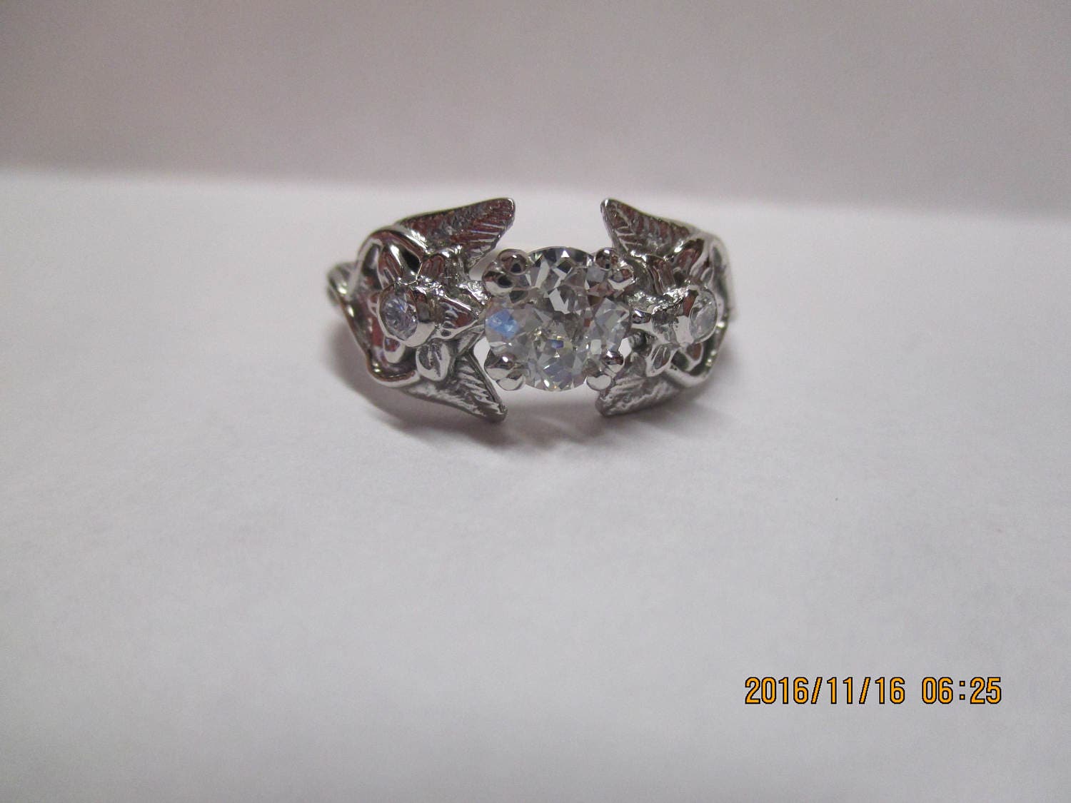 Elvish 14K White Gold Ring: Blue Topaz, Diamond, Leaves & Vines