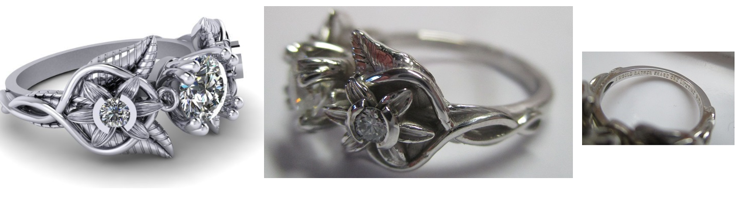 Elvish 14K White Gold Ring: Blue Topaz, Diamond, Leaves & Vines