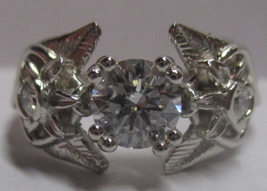 Elvish 14K White Gold Ring: Blue Topaz, Diamond, Leaves & Vines