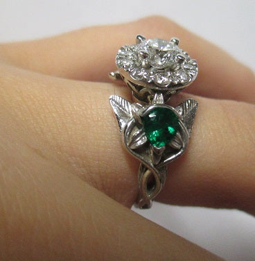 Elvish 14K White Gold Ring: Blue Topaz, Diamond, Leaves & Vines
