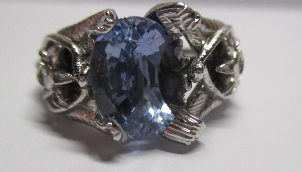 Elvish 14K White Gold Ring: Blue Topaz, Diamond, Leaves & Vines