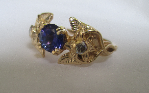 Elvish 14K White Gold Ring: Blue Topaz, Diamond, Leaves & Vines