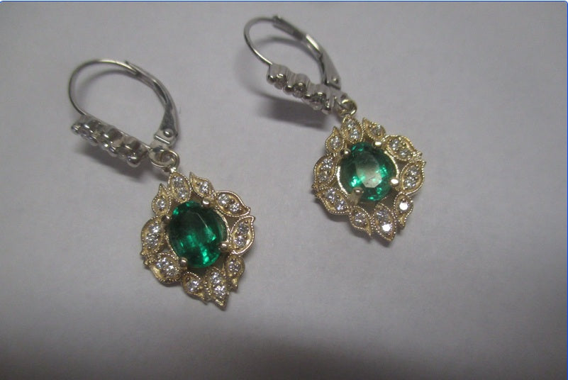 14K gold emerald drop and dangle earrings Sapphire, ruby and all gemstones also available