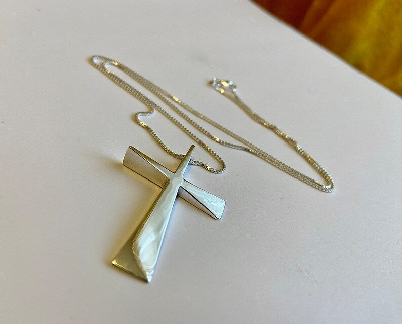 Cross-Carpenters cross  unique handmade modern design in Sterling Silvercan be set with birthstones or gemstones of your choice. Custom engraving available.
