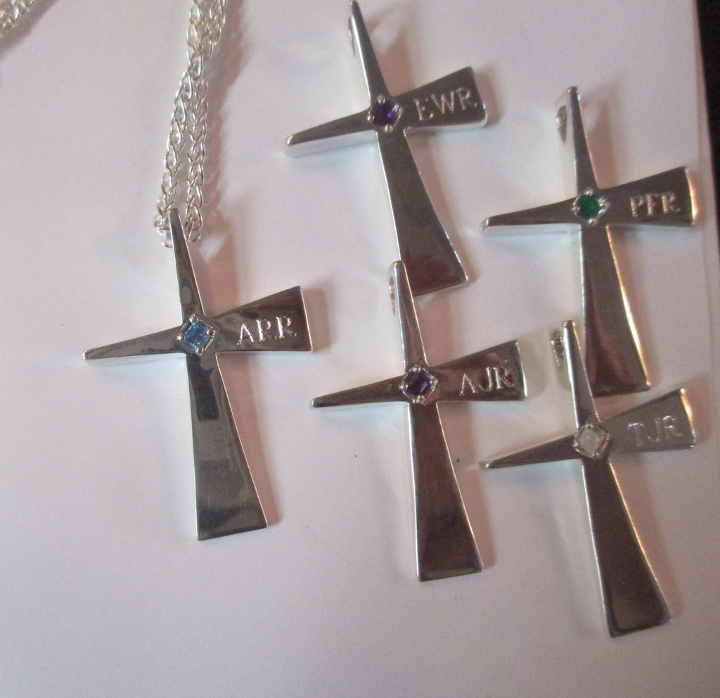 Cross-Carpenters cross  unique handmade modern design in Sterling Silvercan be set with birthstones or gemstones of your choice. Custom engraving available.