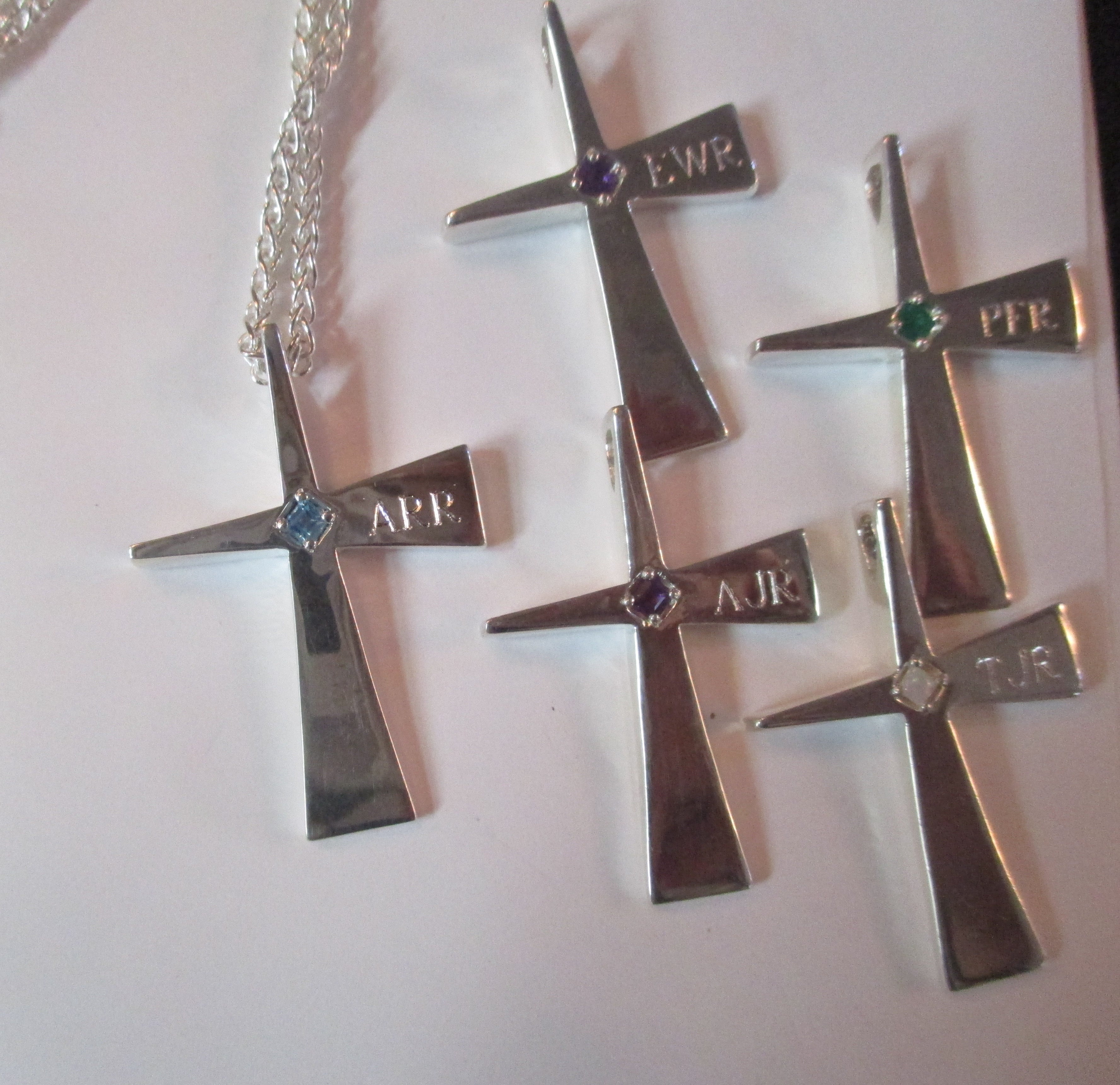 Cross-Carpenters cross  unique handmade modern design in Sterling Silvercan be set with birthstones or gemstones of your choice. Custom engraving available.