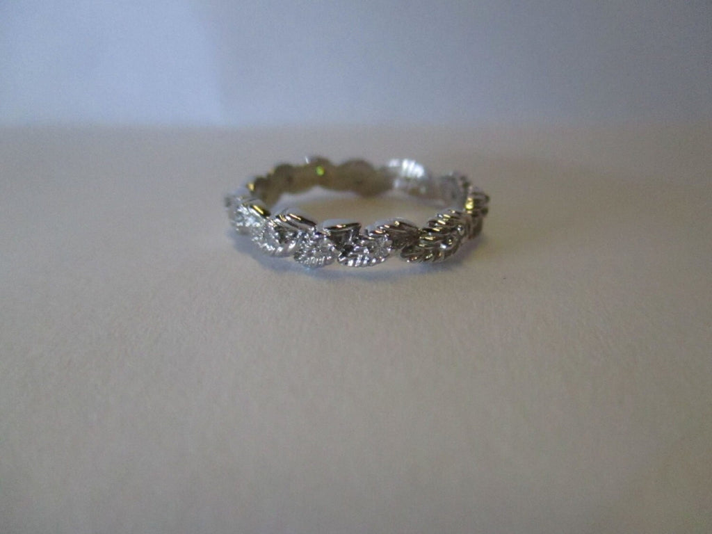 Handmade 14K White Gold Diamond Elven Leaf Eternity Ring