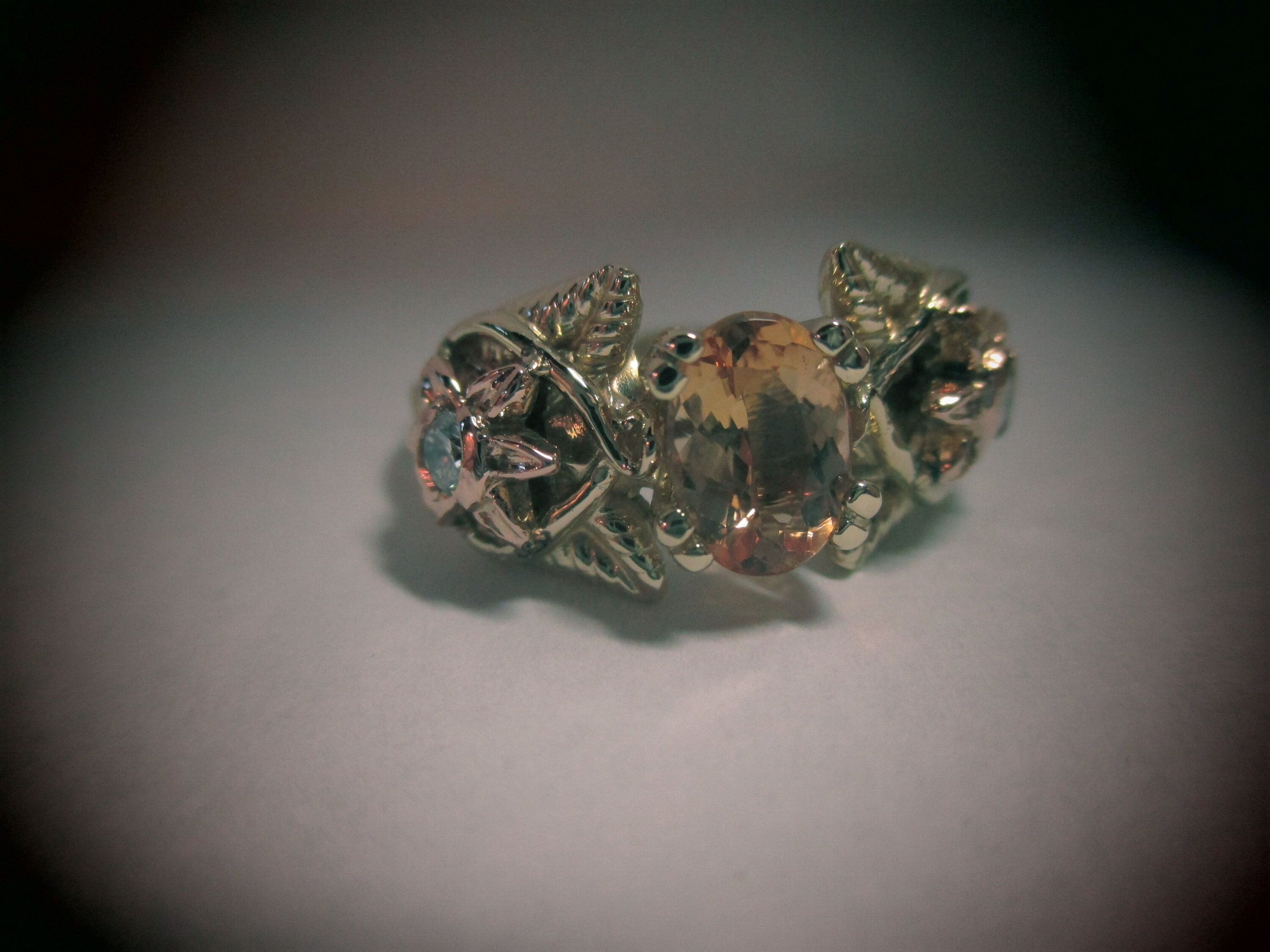 Elvish 14K White Gold Ring: Blue Topaz, Diamond, Leaves & Vines