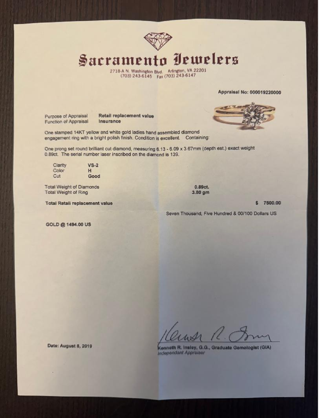 14K yellow gold diamond engagement ring with  .89 carat H VS2 Round Brilliant cut natural diamond