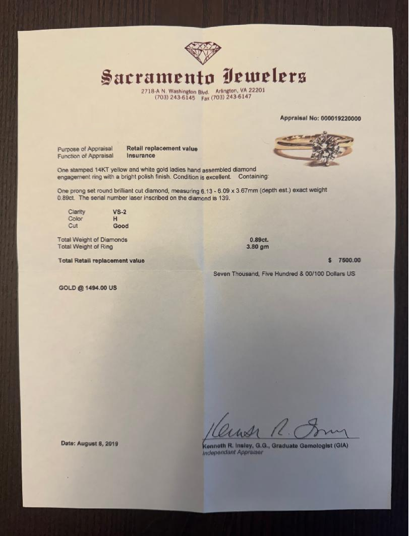 14K yellow gold diamond engagement ring with  .89 carat H VS2 Round Brilliant cut natural diamond