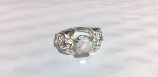 Elvish 14K White Gold Ring: Blue Topaz, Diamond, Leaves & Vines