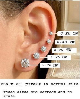 Lab Grown Diamond studs, many sizes, 14K gold with screw backs